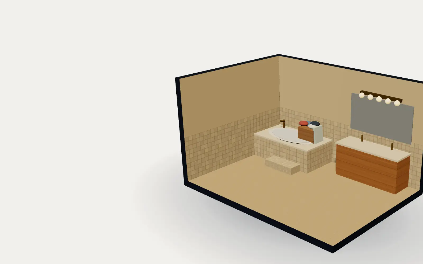A cutaway drawing of a dated bathroom with a tiled garden tub, a laundry basket and an oak vanity