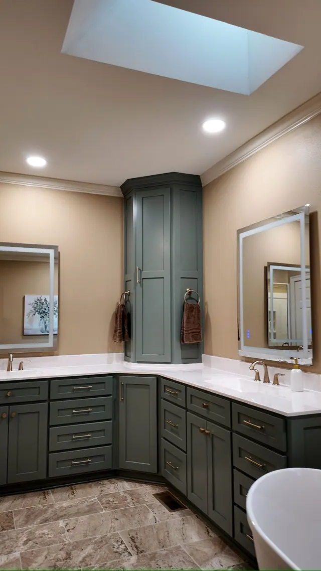 Corner vanity in teal with a skylight overhead